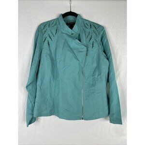 Ashley‎ Stewart Jacket Womens Plus Size 14W Teal Blue Long Sleeve Full Zip Linen